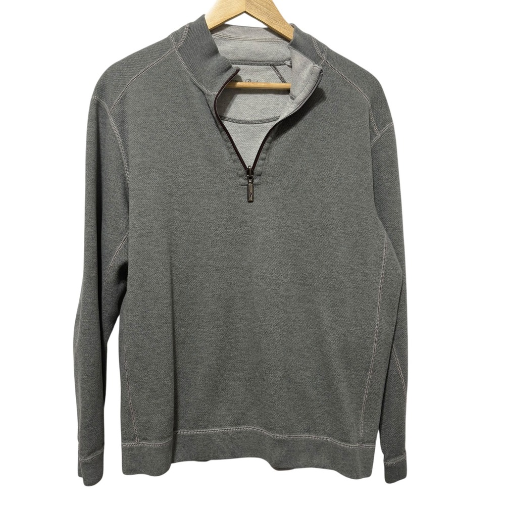 Tommy Bahama Mens Quarter Zip XL Gray Cotton Raglan Stitch Knit